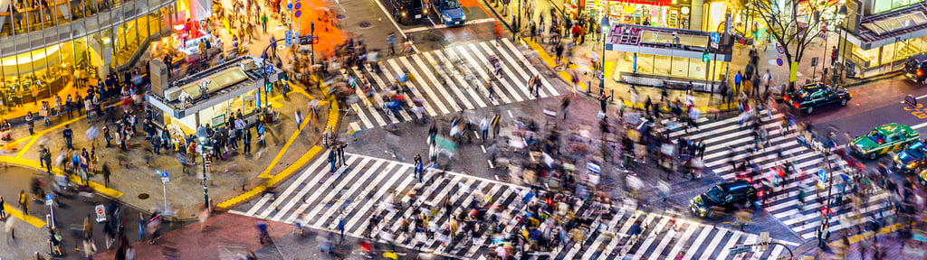 Tokyo, Japan view of Shibuya Crossing, one of the busiest crosswalks in the world.